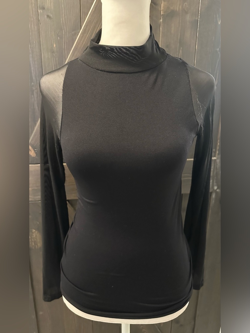 Dynamic Seamless Apparel Black Long Sheer Sleeve Mock Neck Top - (Believe a S)